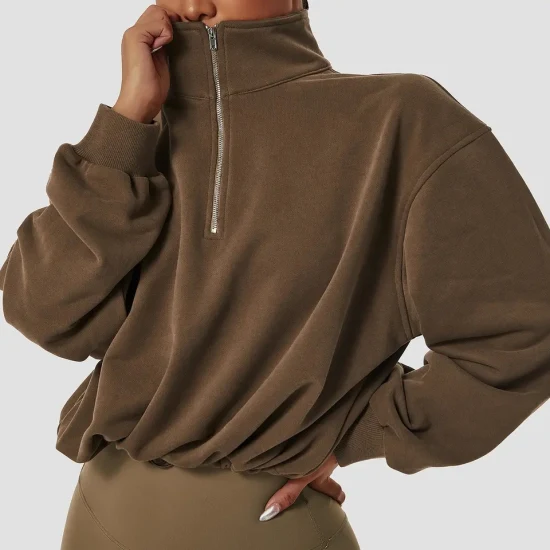Wholesale OEM/ODM Women Cotton 1/2 Zipper Hoodies Pullover Fitness Loose Long Sleeve Sweater Jackets Active Sports Sweatshirts